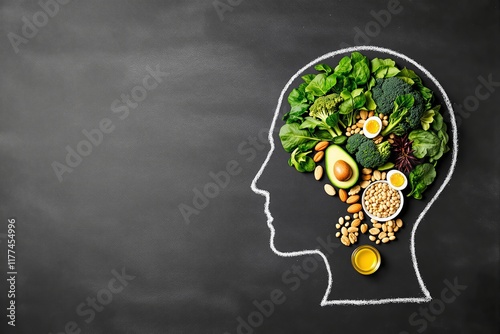 Healthy foods like greens, nuts, avocado, eggs, and olive oil form a brain shape in a chalk-drawn head outline on a dark textured background, promoting balanced nutrition. Ai generative photo