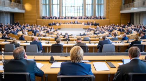 Large parliamentary assembly convening within a modern government building setting photo