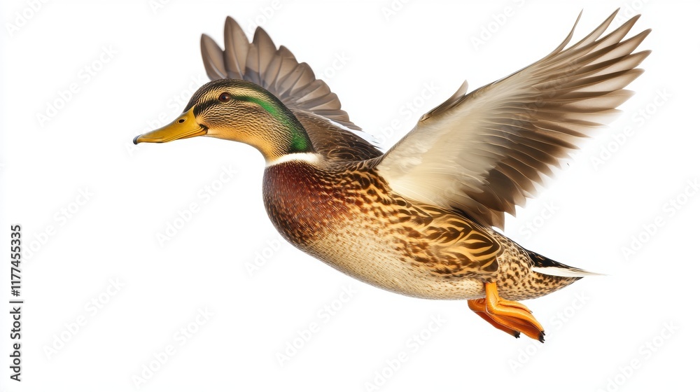 Obraz premium Mallard Duck in Flight, Isolated on White
