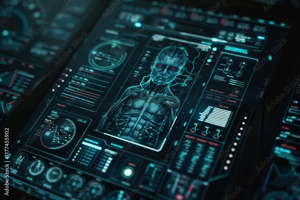 Futuristic Interface Displaying a Humanoid Figure and Data Metrics Futuristic Interface Displaying a Humanoid Figure and Data Metrics