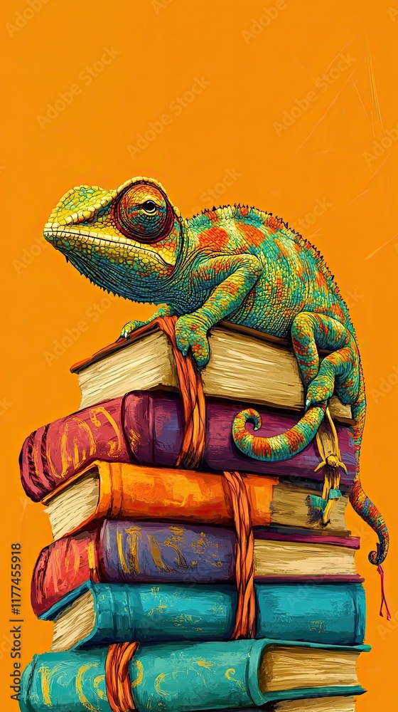 Obraz premium Chameleon perched atop a stack of colorful books