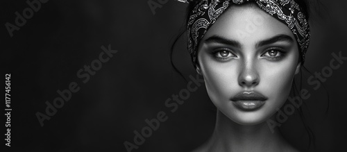 Elegant black and white portrait of a model with natural makeup in a dark dress and stylish bandana, emphasizing facial features with ample empty space for text. photo