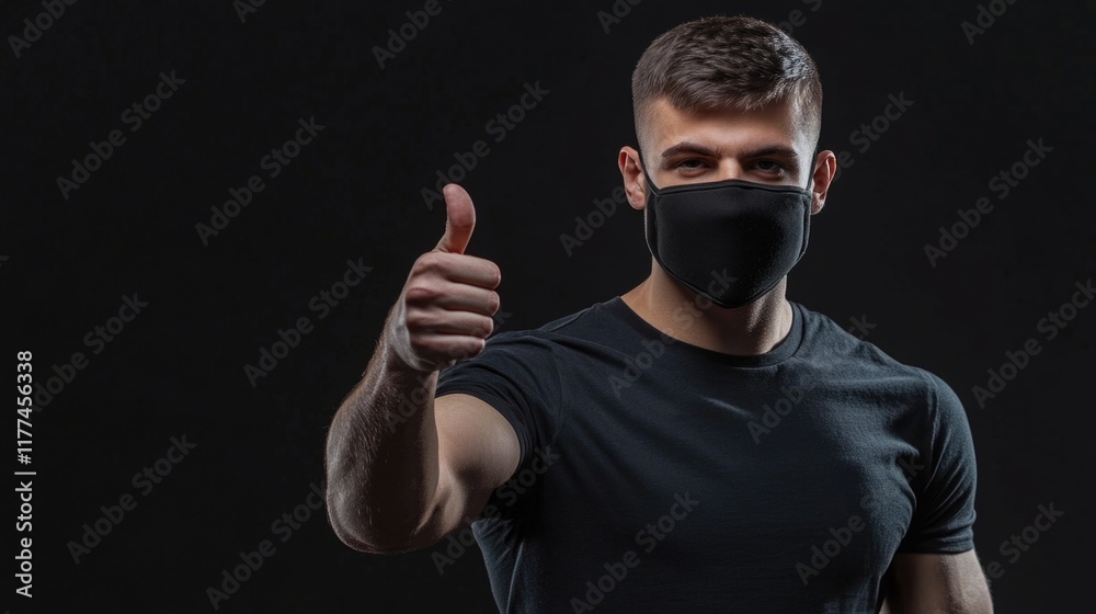 Young athletic male boxer in black sports T-shirt giving thumbs up gesture wearing face mask on dark isolated background with ample copyspace for advertising Young athletic male boxer in black sports T-shirt giving thumbs up gesture wearing face mask on dark isolated background with ample copyspace for advertising