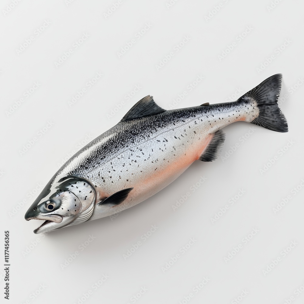 Obraz premium A single salmon highlighted under soft lighting to emphasize detail on a clean white background