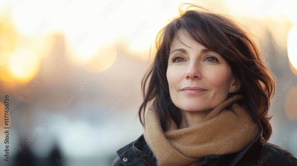 Elegant middle-aged woman with long dark hair in a metropolitan urban setting during sunset, soft golden light, with large empty copyspace for text. Elegant middle-aged woman with long dark hair in a metropolitan urban setting during sunset, soft golden light, with large empty copyspace for text.