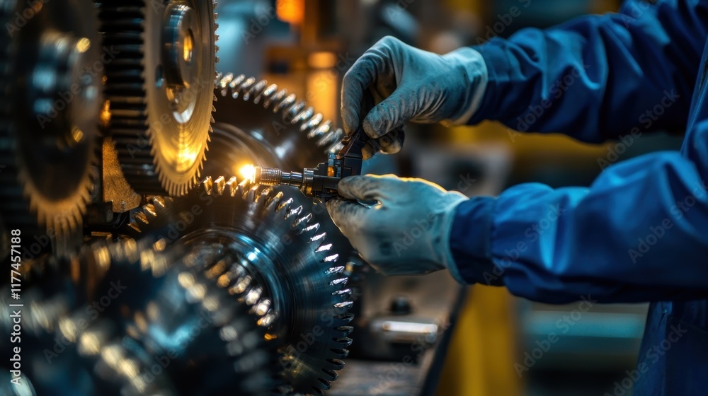 Fototapeta premium Industrial worker wearing gloves carefully installing a component onto rotating gears in a factory, with sparks flying from the friction