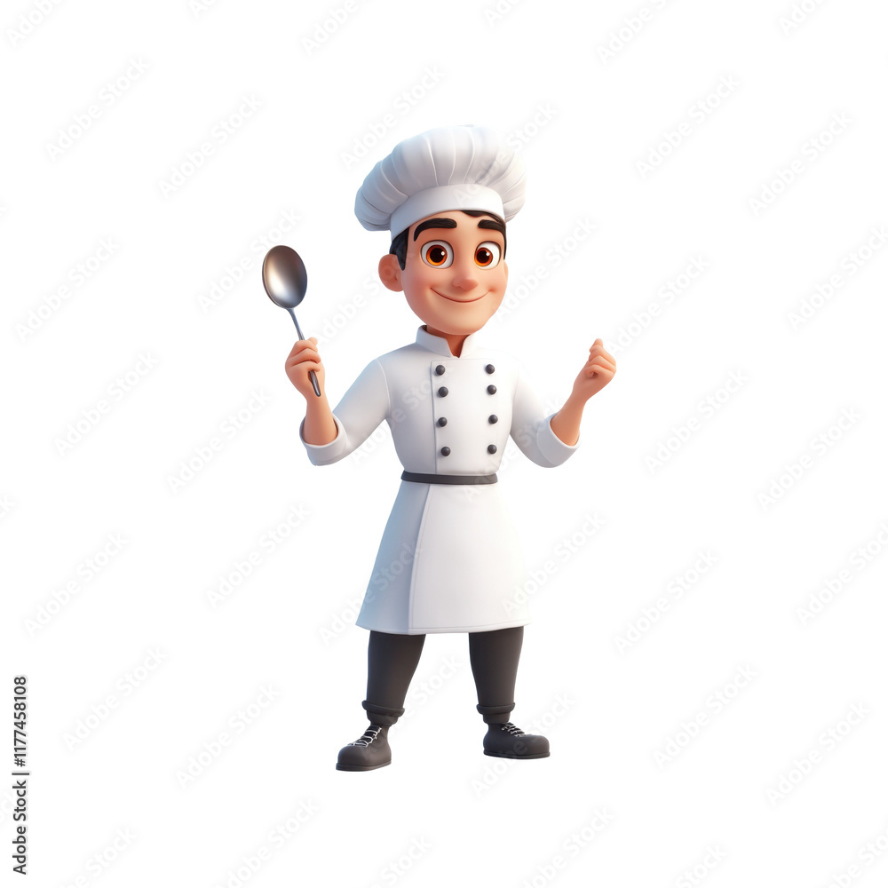 3D cartoon character illustration of chef holding a spoon, wearing a white chef's hat and apron. Friendly expression, perfect for culinary or kitchen themes. Isolated on transparent background, png. 3D cartoon character illustration of chef holding a spoon, wearing a white chef's hat and apron. Friendly expression, perfect for culinary or kitchen themes. Isolated on transparent background, png.