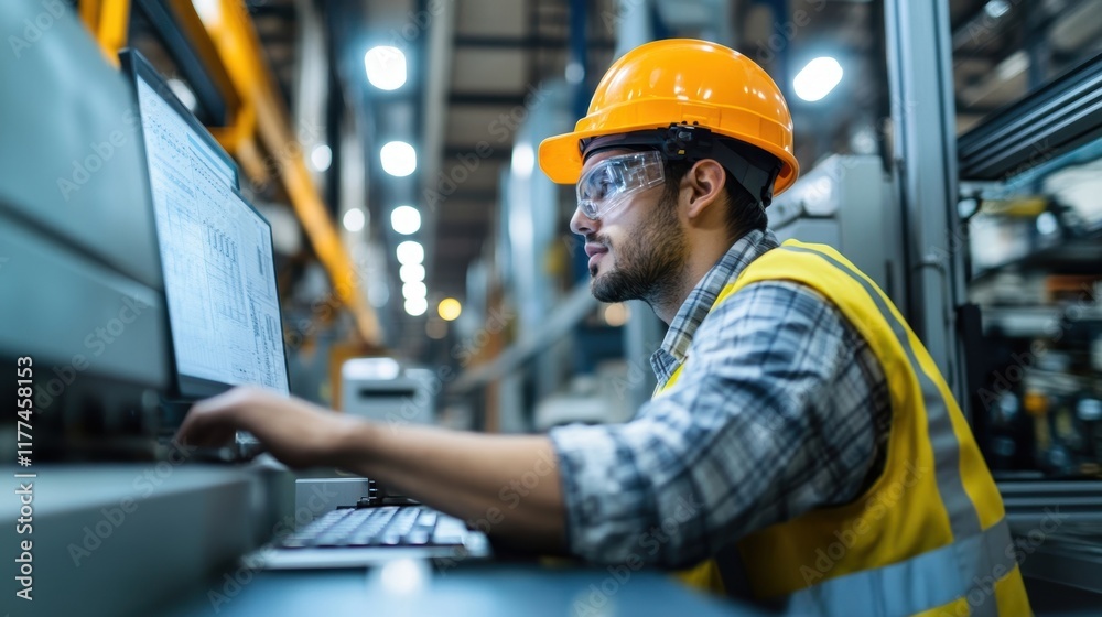 Industrial engineer wearing a safety helmet and glasses, working diligently on a computer in a modern factory, overseeing the production process and monitoring advanced machinery Industrial engineer wearing a safety helmet and glasses, working diligently on a computer in a modern factory, overseeing the production process and monitoring advanced machinery