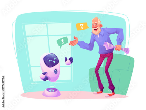 Cartoon old man character talking to friendly AI bot or voice assistant