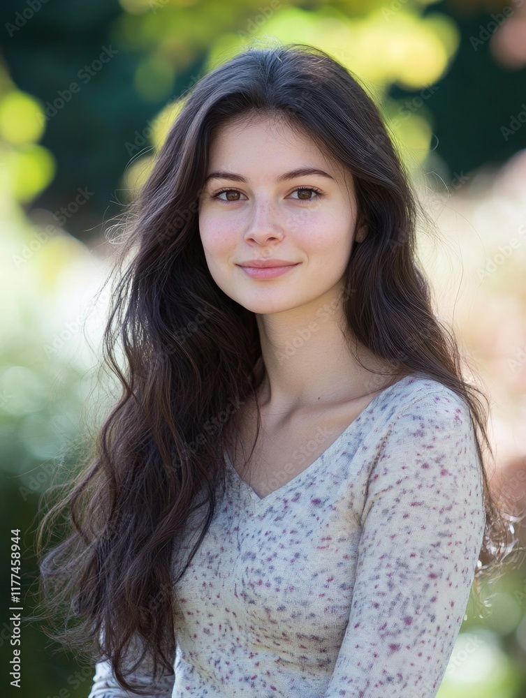 Happy young brunette woman with long hair posing outdoors against a blurred vibrant green and soft bokeh background ideal for text overlay. Happy young brunette woman with long hair posing outdoors against a blurred vibrant green and soft bokeh background ideal for text overlay.