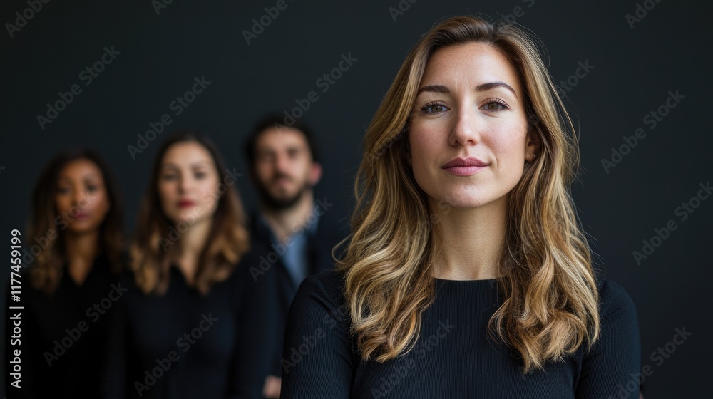 Confident business woman with diverse ethnic business team in soft focus background against dark wall, ample empty space for text, professional portrait. Confident business woman with diverse ethnic business team in soft focus background against dark wall, ample empty space for text, professional portrait.