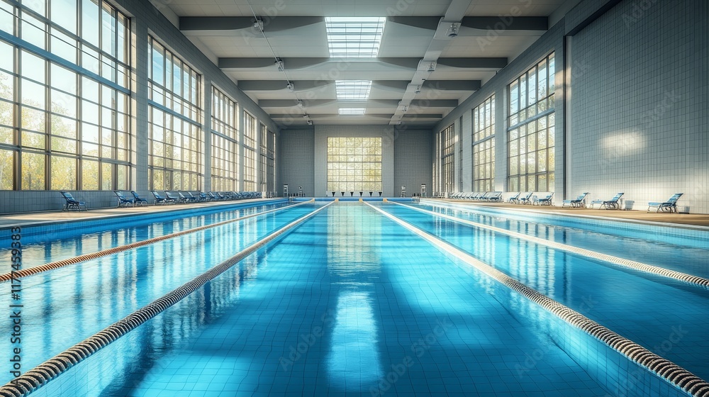 Fototapeta premium Serene Olympic-Sized Swimming Pool with Crystal Clear Blue Water and Sunlit Glass Windows, Photorealistic