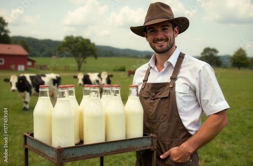 A young milkman stands at a metal shelf with glass bottles of milk against the backdrop of cows grazing on a farm and a house. Farm production concept