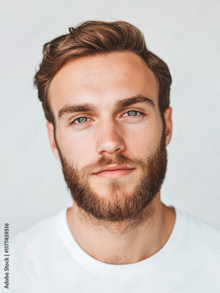 Handsome young man with a well-groomed beard and striking blue eyes on a bright white background offering ample empty space for text and design elements Handsome young man with a well-groomed beard and striking blue eyes on a bright white background offering ample empty space for text and design elements