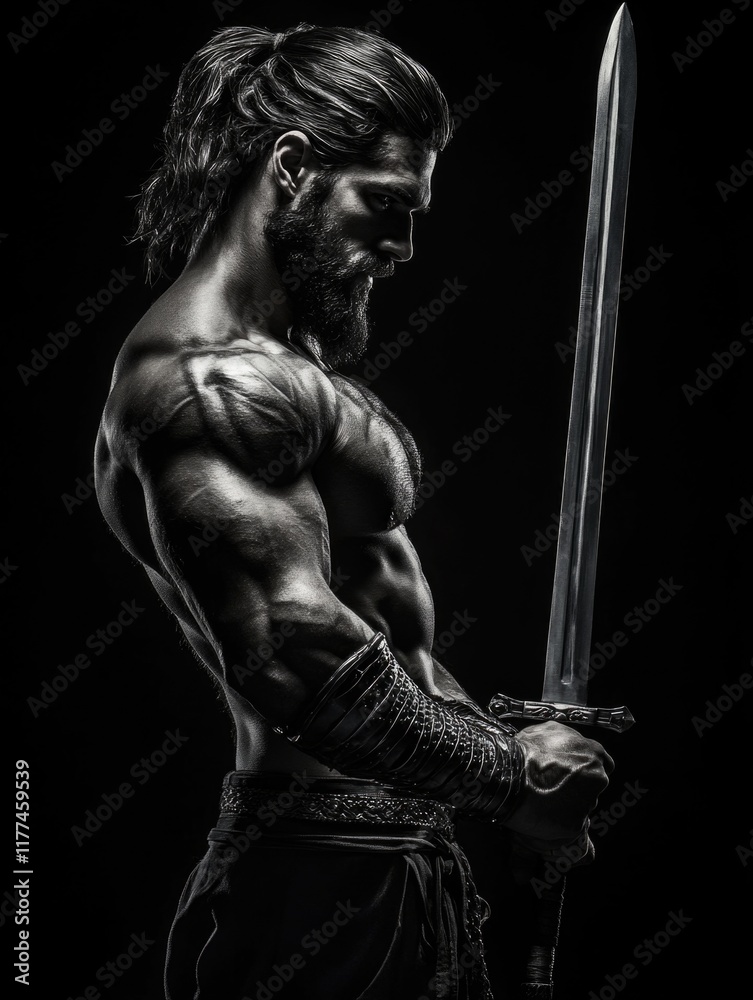 Fototapeta premium Muscular gladiator with sword in profile against a black studio background highlighting defined muscles and contrast for dramatic effect