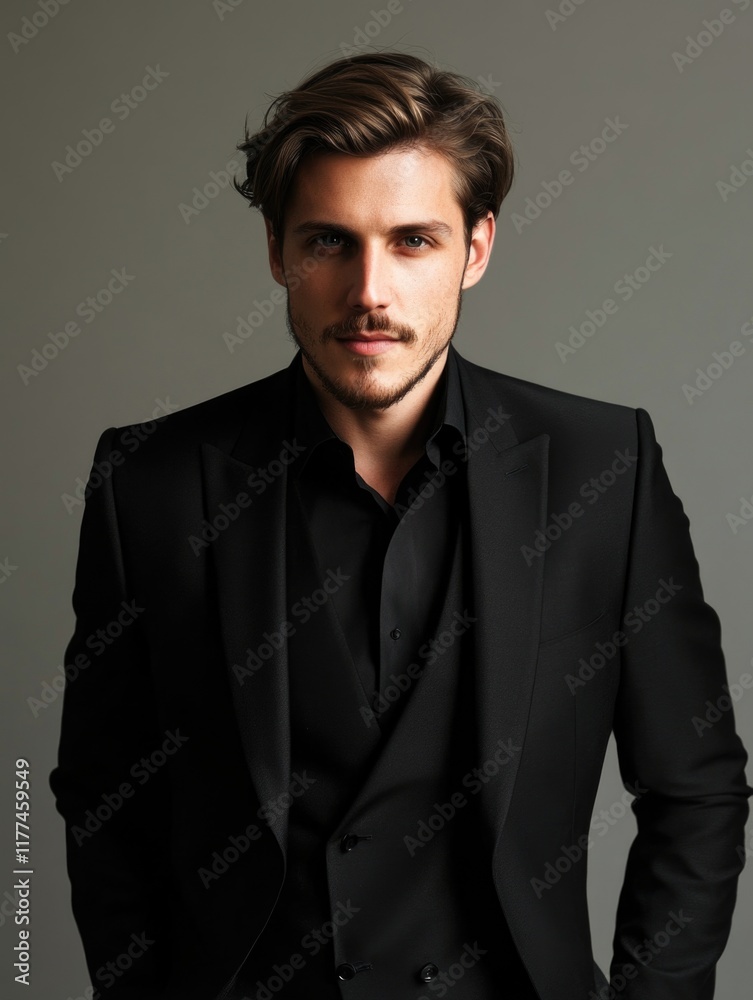 Fototapeta premium Sophisticated portrait of a stylish young man in a sleek black suit against a smooth grey backdrop with ample empty space for text or branding.