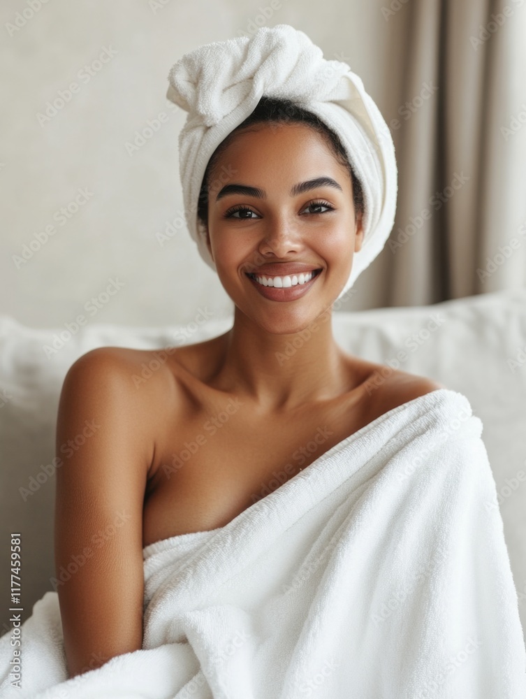 Cheerful African American woman with towel and head wrap, sitting comfortably at home in neutral tones, displaying radiant smile and inviting ambiance for wellness concepts. Cheerful African American woman with towel and head wrap, sitting comfortably at home in neutral tones, displaying radiant smile and inviting ambiance for wellness concepts.