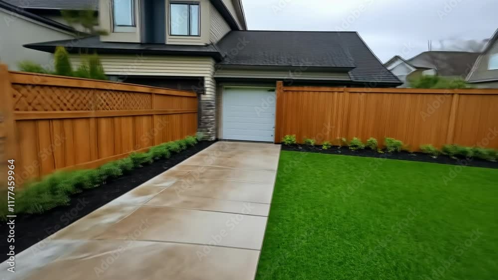 A suburban home showcases beautiful landscaping and a wooden fence amidst light rain, highlighting a tranquil neighborhood setting A suburban home showcases beautiful landscaping and a wooden fence amidst light rain, highlighting a tranquil neighborhood setting