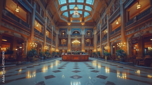 Grand ornate hotel lobby, stunning architecture, opulent interior design photo