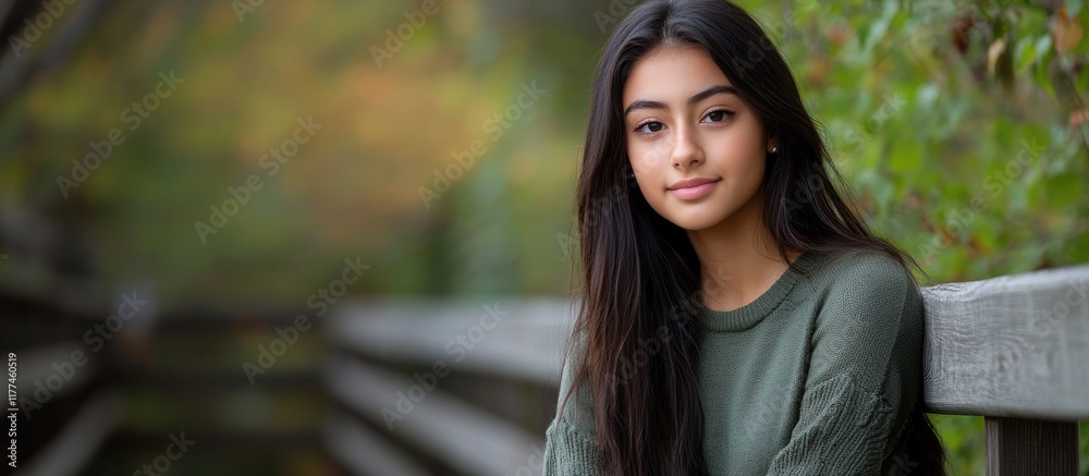 High school senior portrait of a teenage girl with long dark hair, posing confidently outdoors on a wooden bridge surrounded by green and autumn-colored foliage.