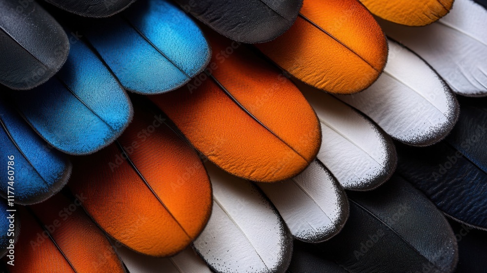 Obraz premium A close up of a bird's feathers with a blue, orange, and white stripe