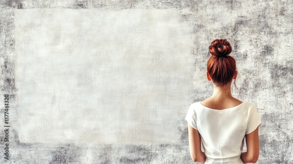 Obraz premium Young businesswoman in white outfit contemplating her business plan against a textured gray wall with ample empty space for text and ideas.