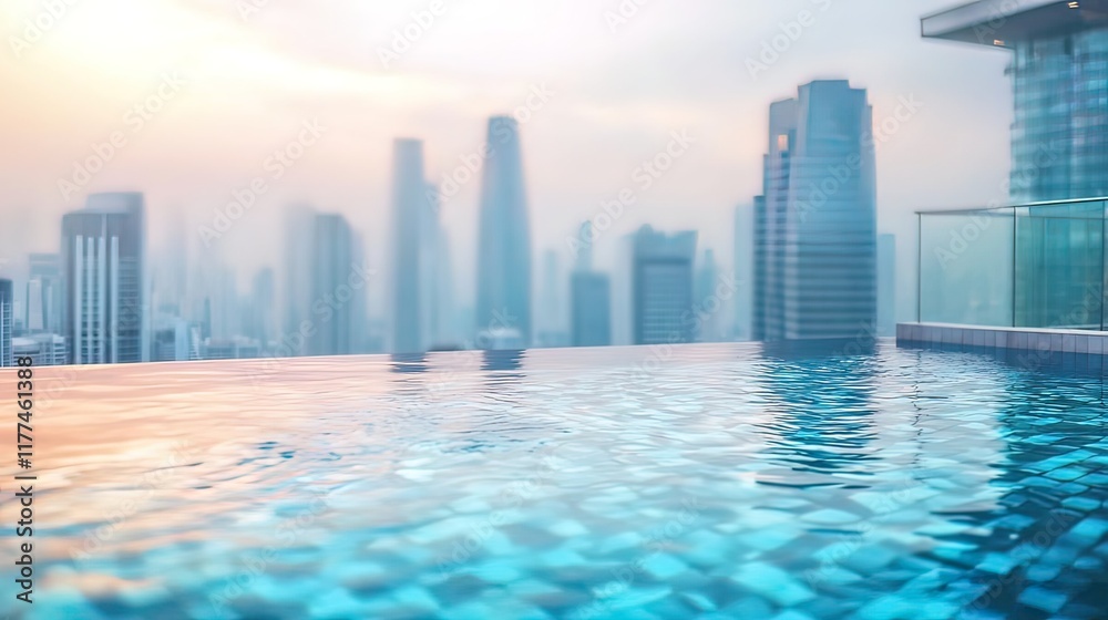 Fototapeta premium Rooftop infinity pool overlooking a hazy cityscape at sunset.