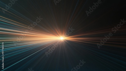 Blue, red, and green chromatic aberration effect distorting a central sharp light source, creating a contrast on a deep black background