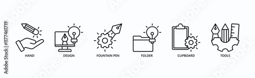 Crafting Ideas Toolkit Icon Set Isolated Vector Illustration Concept With Icon Of Hand, Design, Fountain Pen, Folder, Clipboard, Tools In Outline Style photo