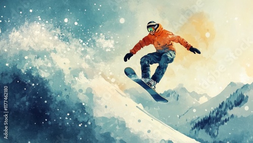 A snowboarder, dressed in a jacket and helmet, rides down a snow-covered mountain photo