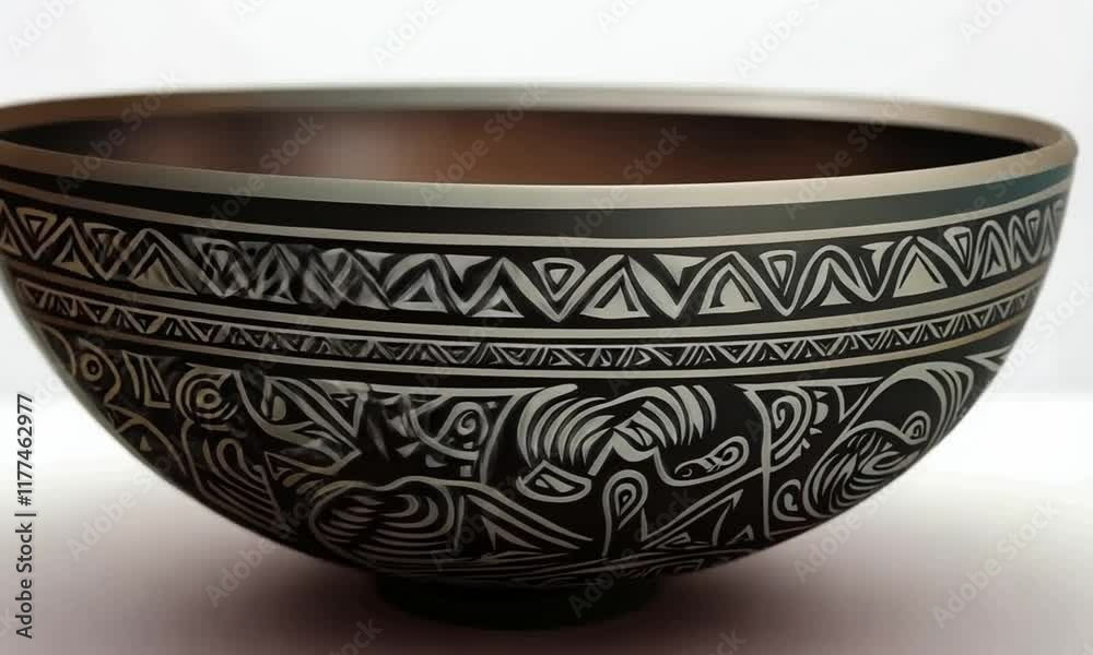 Ornate Black Bowl with Intricate Tribal Design and Silver Accents Ornate Black Bowl with Intricate Tribal Design and Silver Accents
