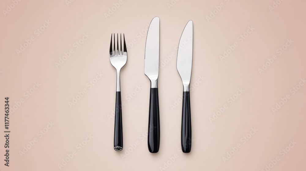 A fork, knife, and spoon arranged neatly on a soft background. A fork, knife, and spoon arranged neatly on a soft background.