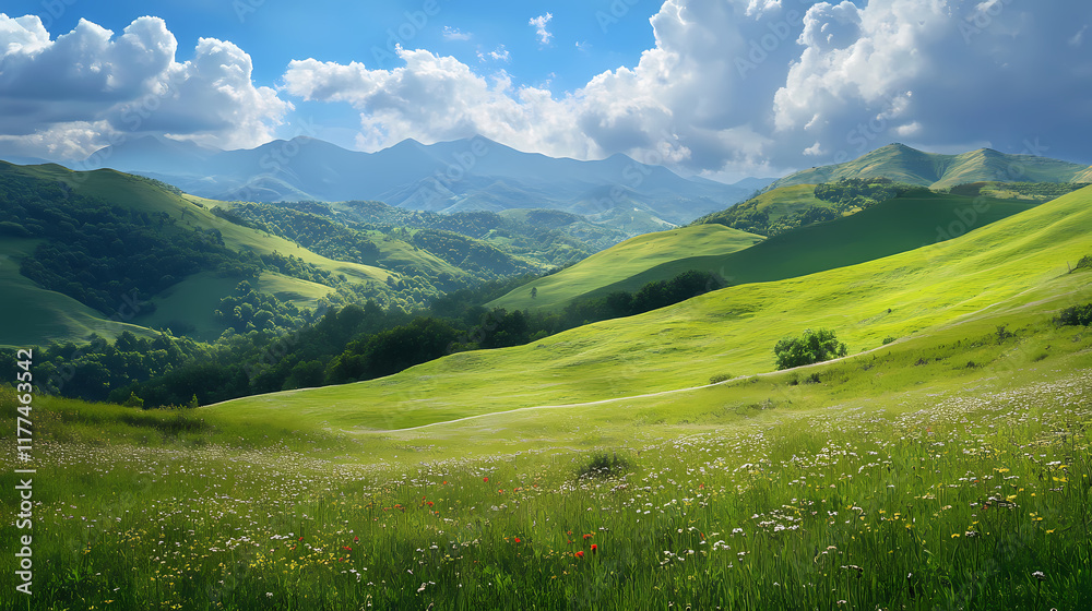 Fototapeta premium Foothills of the mountains with green meadows. Foothill. Illustration