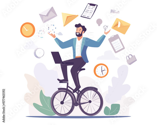 Skillful Businessman Multitasking on Unicycle: Productivity and Project Management, Time Management, Juggling Ideas, Laptop, Calendar, Emails for Efficient Workflow in Minimalist SVG Vector