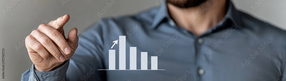 Naklejka premium A man in a blue shirt interacts with a digital graph, indicating growth and data analysis.