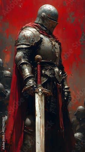 Mighty Warrior Wielding Radiant Greatsword Confronting Shadowy Antagonists in Dramatic Fantasy Painting