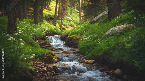 Gentle stream meandering through a verdant foothill slope near wildwood falls, forest floor, foothill terrain, nature scene. Foothill. Illustration