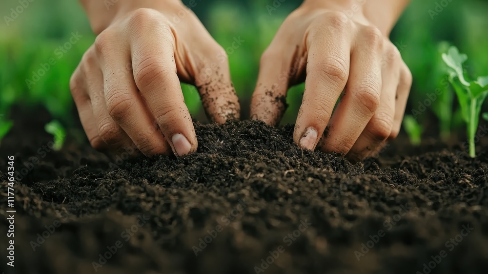 Hands digging into soil, nurturing plants in a garden setting. Hands digging into soil, nurturing plants in a garden setting.