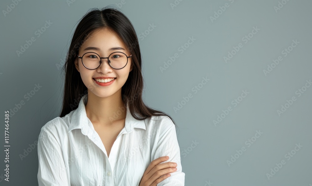 Confidently Asian Young Woman Wearing Glasses and White Shirt Against a Gray Background Confidently Asian Young Woman Wearing Glasses and White Shirt Against a Gray Background