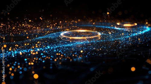 Glowing rings with swirling blue and gold particles on dark background, ideal for digital presentations