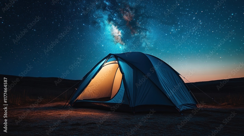 Illuminated camping tent under a night sky filled with stars and the Milky Way. (1) Illuminated camping tent under a night sky filled with stars and the Milky Way. (1)