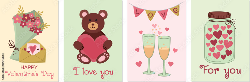 Obraz premium Set of greeting cards for Valentine's Day. Romantic illustrations with bouquet of flowers, teddy bear, sparkling wine, glasses, garlands and jar with cute hearts