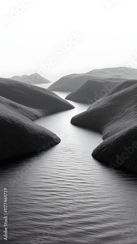 Serene Minimalist Landscape with Tranquil Lake and Rolling Hills in Black and White