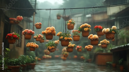 Rainy Alleyway: Hanging Terracotta Pots of Blooming Flowers photo