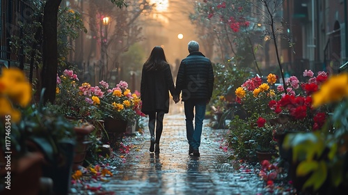 Couple holding hands, walking away down a rain-slicked, flower-lined street at sunset.