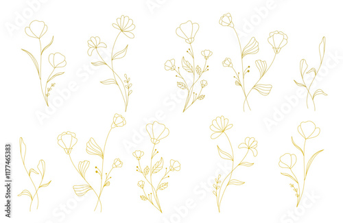 Floral branch and minimalist flowers for logo or tattoo. Hand drawn line wedding herb, elegant leaves for invitation save the date card. Botanical rustic trendy