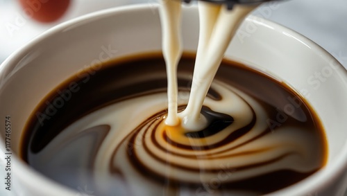 Cream being poured into a cup of coffee photo