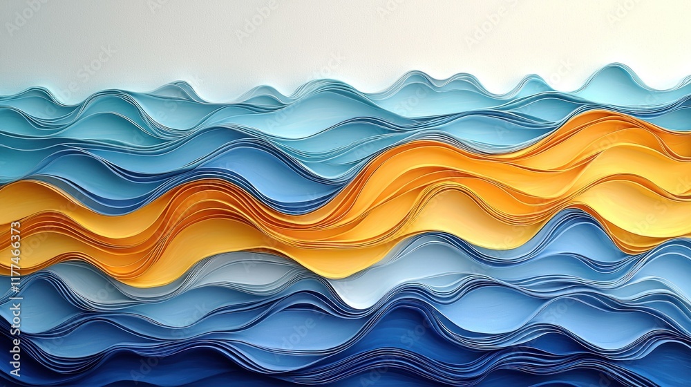 Fototapeta premium Abstract paper waves in blue and orange, flowing across a light background
