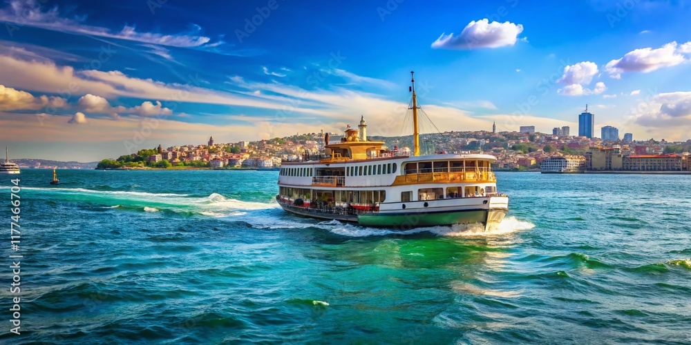 Obraz premium Istanbul Ferry on the Bosporus Strait - Wide Angle Rear View Stock Photo