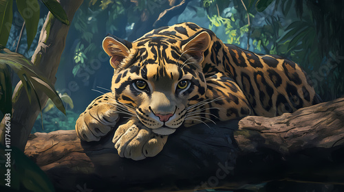 Majestic clouded leopard neofelis nebulosa resting and on alert in the lush himalayan foothills jungle environment. nebulosa. illustration. Foothill. Illustration photo